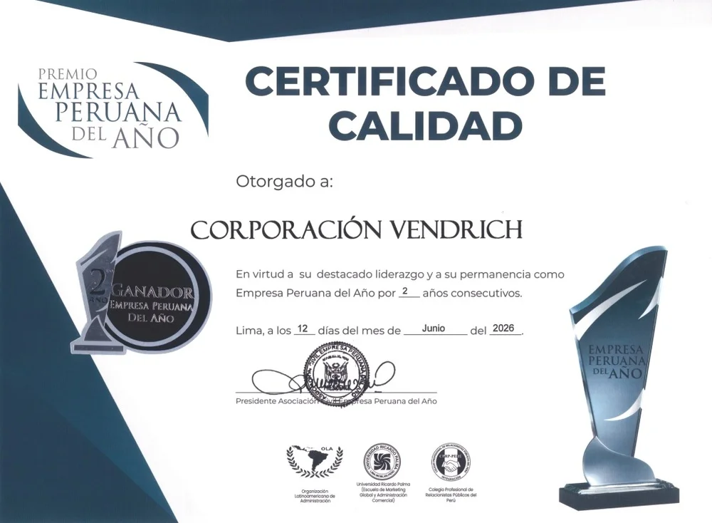 Vendrich Certificado de calidad - premio Empresa Peruana del Año 2025