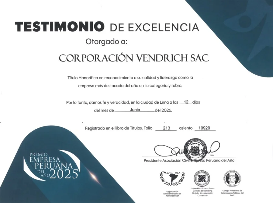 Vendrich Certificado de Excelencia - premio Empresa Peruana del Año 2025